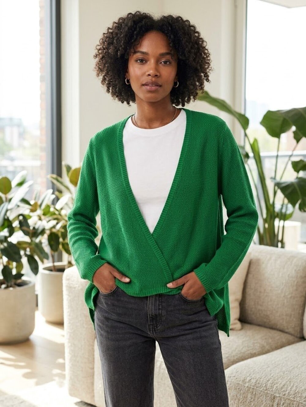H&M Emerald Green Open Front Wrap Cardigan Sweater Size L